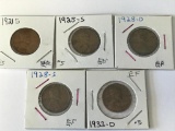 Lot of 5 US Lincoln Wheat Pennies Once Cent Coins; 1921-S, 1925-S, 1928-S, 1928-D, 1933-D