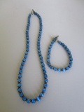 Blue jasper tiger eye stone necklace and bracelet set in pewter-tone setting