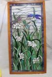 Large Vintage Dragon Fly and Flowers Framed Stained Glass 40 1/2 x 20