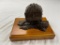 Bronze silver reef mining car statue on wood base by Jerry Anderson 1986. 7.5