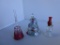 Lot of 3 red glass items: leaded glass bell made in Romania, a cut glass bell, and a miniature oil