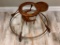 antique wood baby walker with suspended seat with leather strap