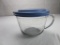 Anchor Hocking 2 quart glass measuring cup pitcher with blue plastic lid