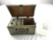Replica wood treasure chest with brass accents, a glass decanter, and a set of 6 shot glasses