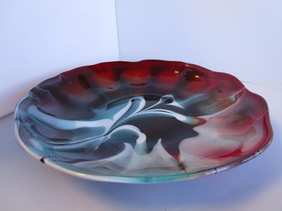 Beautiful red, white, and turquoise-color swirl-pattern art glass decorative plate bowl 12".