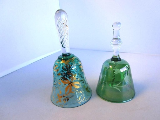 Lot of 2 decorative etched green glass bells: hand painted gold and etched