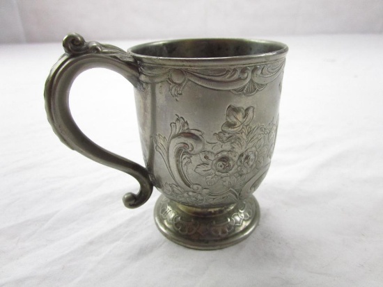 Antique hallmarked Corbel & Co. (marked C & Co.) ornate floral pattern silver plate mug