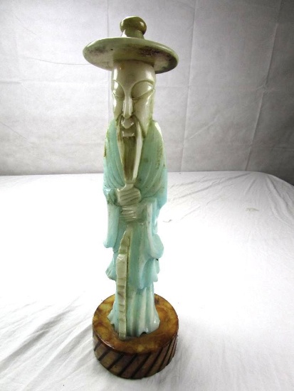 Heavy, hand carved stone Chinese man with hat statue on stone base. 19" tall 10 pounds.