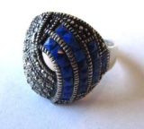 925 with marcasite and blue stones artist mark FAS Sz. 9 - 7.68g TW
