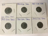 Lot of 6 1943S Zinc-Steel US Wheat Pennies 1 Cent Coins