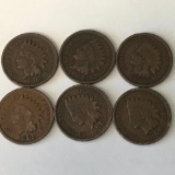 Lot 6 US Indian Head Pennies One Cent Coins; 1893, 1903, (2) 1905, and (2) 1906