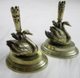 Set of silverplate and brass swan taper candlestick holders 4