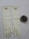 Pair of vintage, beaded evening gloves with gold plated Klik glove lock