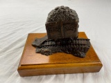 Bronze silver reef mining car statue on wood base by Jerry Anderson 1986. 7.5