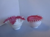 Lot of 2 vintage pink ruffle handkerchief Fenton Silver Crest Milk Glass vases