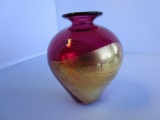 Hand painted gold on cranberry-colored glass bud vase signed by the artist 1996 4
