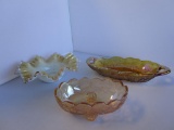 Lot of 3 vintage pink, amber, and carnival glass candy dishes various sizes and styles