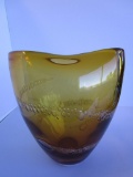 Beautiful unique amber glass vase with bubble accents and cut bottom. 9 1/2