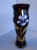 Hand painted gold and purple on dark purple flower vase 10.5