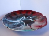 Beautiful red, white, and turquoise-color swirl-pattern art glass decorative plate bowl 12