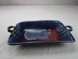 Blue glazed pottery serving dish with handles signed by the artist Ojai, CA 2007