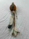 Native American ceremonial gourd shaker on staff with feathers and beads 18