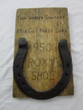 Roxy's horse shoe 1950's from Warren Sanitary Milk Co.'s Horse Barn mounted on wood plaque.