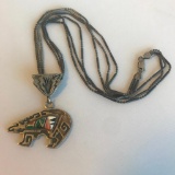 Sterling Silver Native American Bear Pendant Necklace with Semi Precious Stone Detail