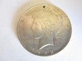 Circulated 1922 Liberty Peace Dollar 90% Silver With a hole at the top. Maybe a pendent