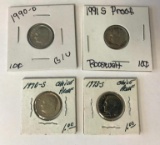 Lot of 4 US Roosevelt Dimes Ten Cent Coins: 1970-S Proof, 1973-S Proof, 1990-D B/U and 1991-S Proof