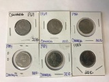 Lot of 6 Canada Quarters 25 Cent Coins; (2) 1969, 1982, (2) 1984, 1985