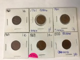 Lot of 6 Canada Copper Pennies One Cent Coins; 1960, 1961, 1964, 1965, 1969, 1970
