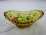 Lot of 32 marbles in amber cut-glass candy dish 7