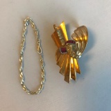 Lot of 1 Gold-Toned Costume Brooch and 1 Silver-Toned Chain Bracelet