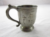 Antique hallmarked Corbel & Co. (marked C & Co.) ornate floral pattern silver plate mug