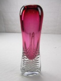 Unique crystal ruby-color swirl pattern art glass vase made in Poland by A. Jablonski