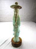 Heavy, hand carved stone Chinese man with hat statue on stone base. 19