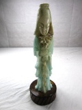 Heavy, hand carved stone Chinese woman statue on stone base. 16.5