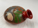 African pottery water vessel with image of monkey and bird 7.5