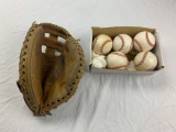 Vintage Catcher Mitt plus 5 MKB Baseballs