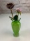 Green Glass Vase with Glass Rose Flower