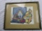 Framed print of Native American pottery and corn in a basket. 14.5