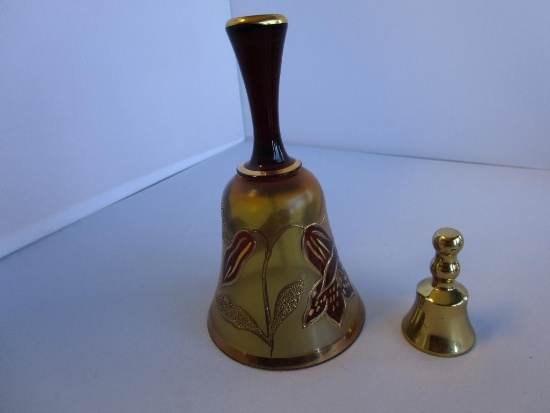 Lot of 2 gold-tone bells: one miniature brass and one floral painted: 2" and 5.5" tall