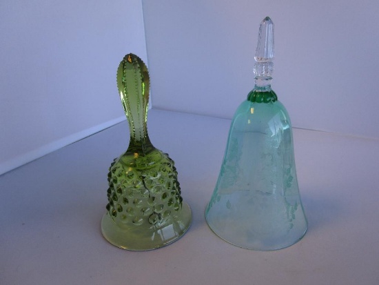 Lot of 2 decorative green glass bells: hobnail and etched