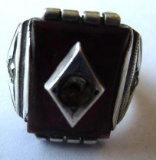 Men's silver and red topaz ring with two small diamonds; center diamond is missing Sz. 8.5. 10.63g