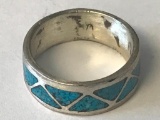 Sterling Silver and Turquoise inlay Ring Band Sz 5, 3.8g TW