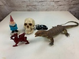 Lot of misc Man Cave Decor- Skull, dragon Gnome, Domino mask and a Rubber Monitor lizard