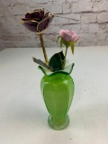 Green Glass Vase with Glass Rose Flower