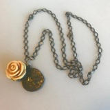 Vintage Costume Necklace with Repurposed Coin Pendants and Rose Embellishment