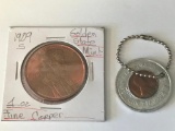 1989-S Golden State Mint US Penney 1oz Copper Round and a Las Vegas Penney Token Key Chain